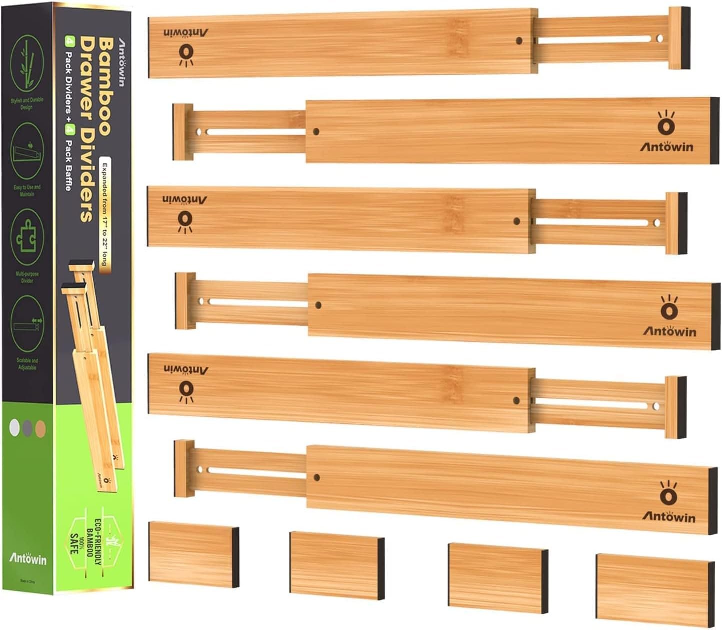 Bamboo Drawer Dividers(43-56cm), Expandable Drawer Separators Splitter, Adjustable Spring-loaded Organizer for Large Utensil, Clothes, Tools Drawers, 10 Pack