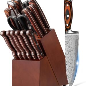 Knife Set, Kitchen Knife Set with Block 15-Piece Full Tang High Carbon Stainless Steel Knives with Sharpener, Premium Knife Block Set with Anti-Slip Ergonomic Handle(Black and Grey)