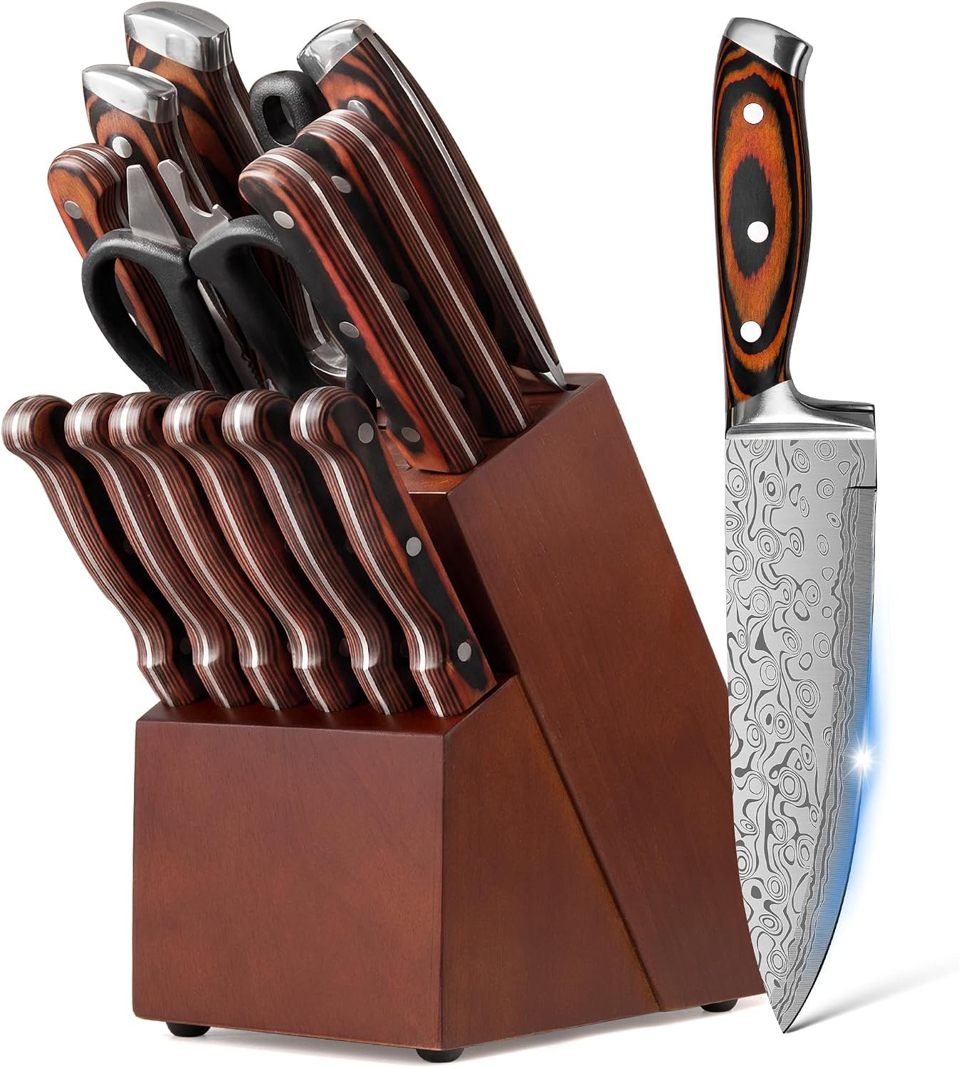 Knife Set, Kitchen Knife Set with Block 15-Piece Full Tang High Carbon Stainless Steel Knives with Sharpener, Premium Knife Block Set with Anti-Slip Ergonomic Handle(Black and Grey)