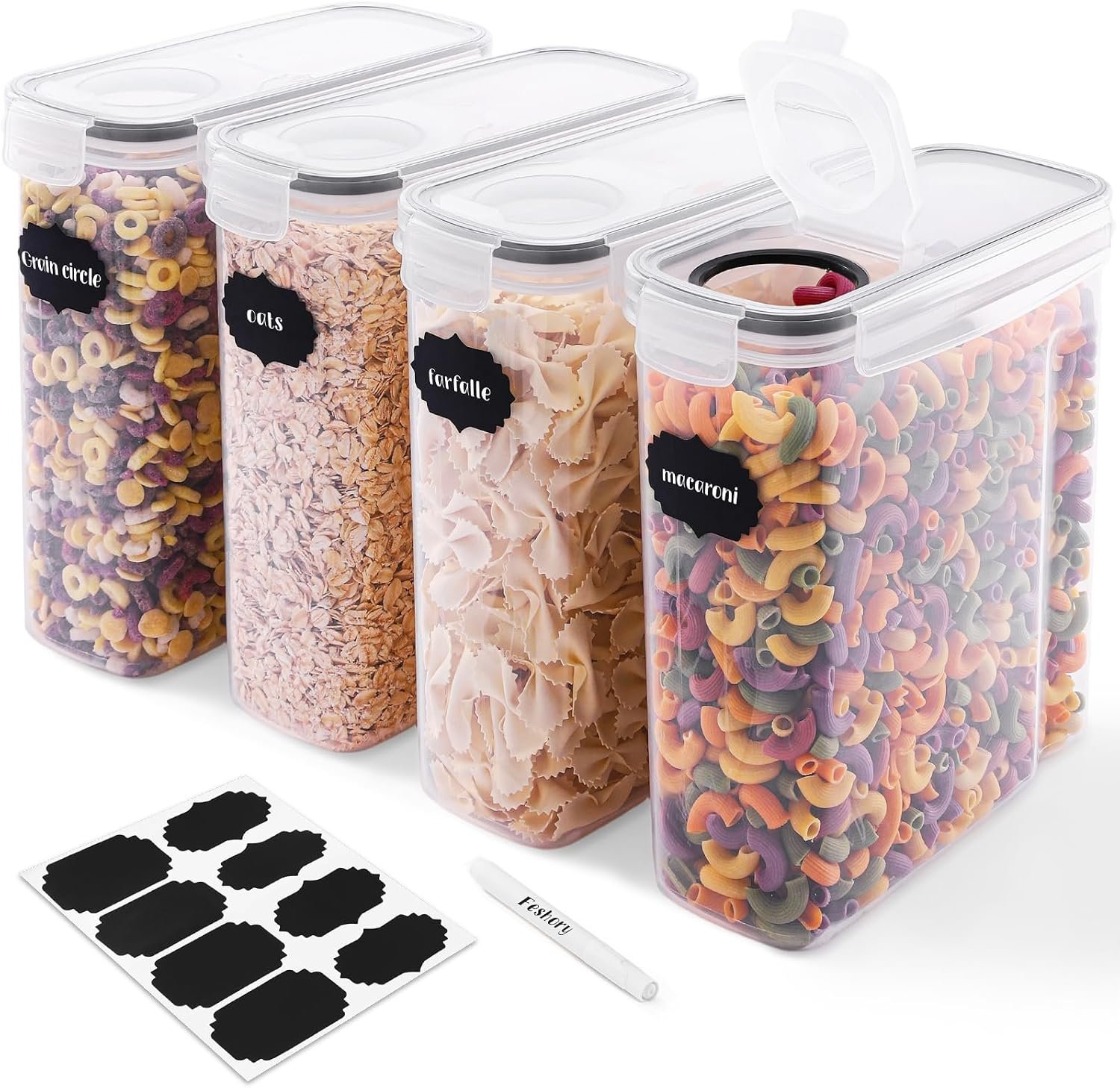 Feshory 4 Pack Cereal Containers Storage (4L/135.2oz) - Airtight Food Storage Containers, Cereal Dispenser for Pantry & Kitchen Storage Organisation with 8 Labels and Marker (4 x 4L)