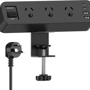 Yundian Desk Power Board with Desk Clamp, Power Strip USB Surge Protector, 3 AC Outlets, 2 USB C, 2 USB A, 2M Extension Cord, 10A/2500W, Desktop Clamp Power Strip Switch for Home and Office - Black