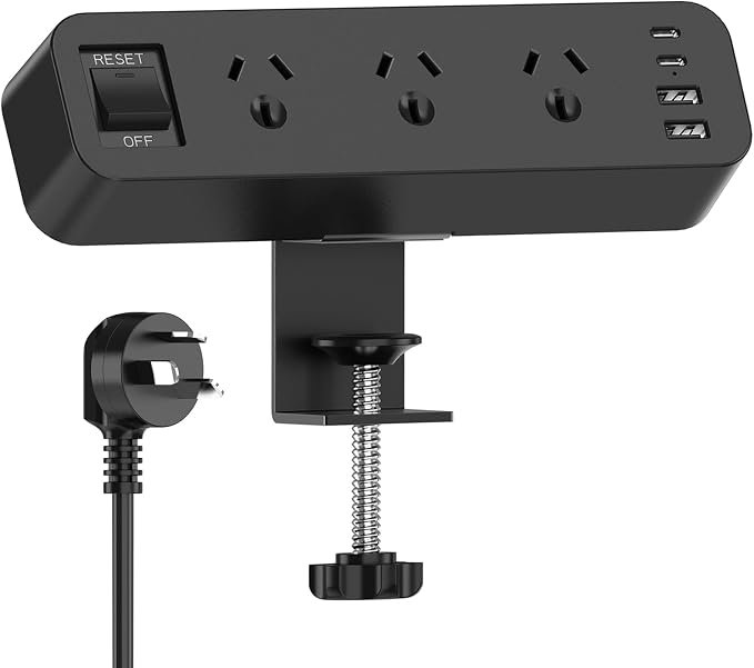 Yundian Desk Power Board with Desk Clamp, Power Strip USB Surge Protector, 3 AC Outlets, 2 USB C, 2 USB A, 2M Extension Cord, 10A/2500W, Desktop Clamp Power Strip Switch for Home and Office - Black