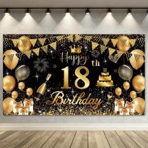 Viiotu 18th Happy Birthday Banner - Birthday Decorations for Men Women Boys Girls, Black Gold Birthday Party Banners, Happy Birthday Theme Party Decorations Indoor Outdoor 70.8 x 43.3 Inch (18 years)