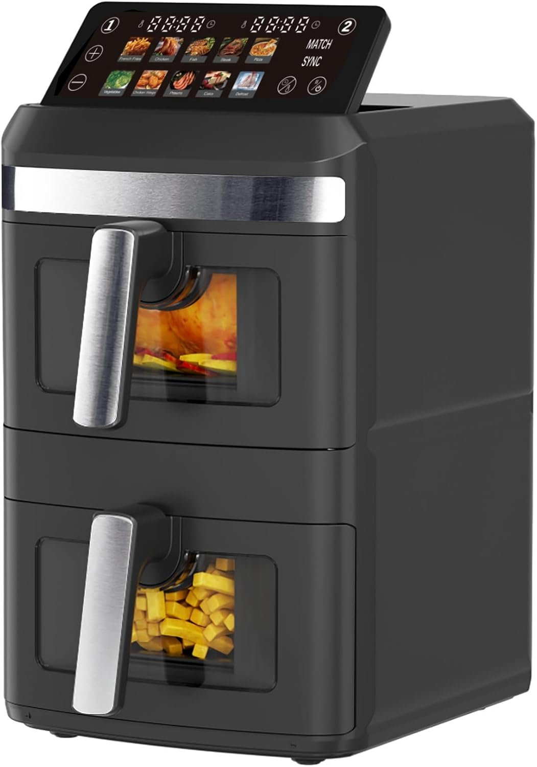 Healthy Choice 13L Dual Zone Vertical Air Fryer with Independent Heating, Dual Baskets, Viewing Windows, Foldable Display, 10 Presets, Adjustable 80–200°C Cooking – Black