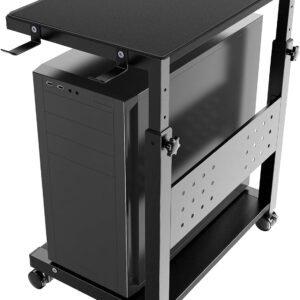 PUTORSEN Computer Tower Stand Cart - 2-Tier CPU Cart with 4 Casters, Rolling Holder with Pegboard & 2 Hooks, Height Adjustable from 52 cm to 77 cm, for Office Home Gaming