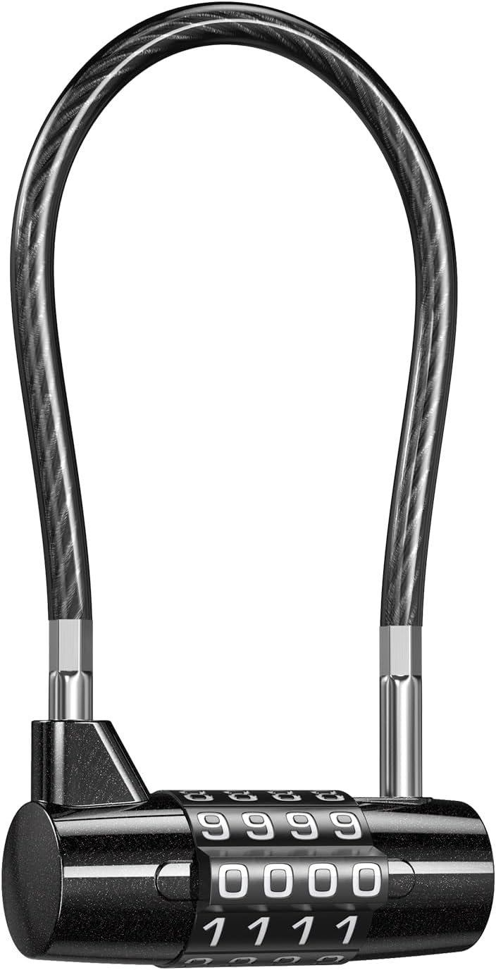 Combination Lock with Steel Cable Rope, Long Shackle 4 Digit Combination Padlock, Resettable Padlock, Waterproof Shed Padlock for Travel Bag, Suit Case, Lockers, Gym, Bike Basket or Other