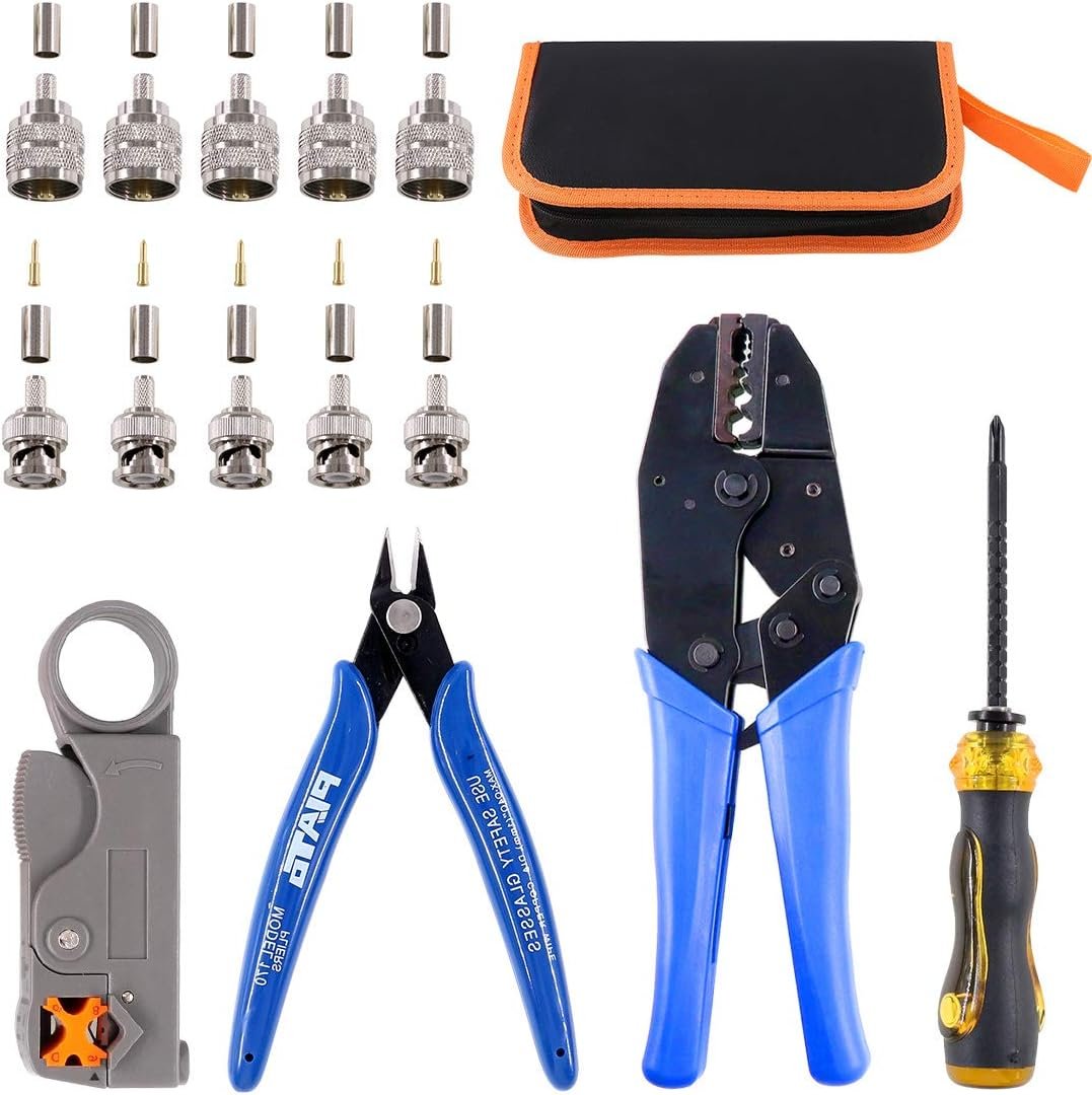 Glarks Coaxial Cable Tool Set, Coax RF Connector Crimping Tool + Coaxial Cable Stripper + BNC/UHF Crimp Male Connectors + Wire Cutter + Screw Driver for RG58, RG59, RG62, RG174