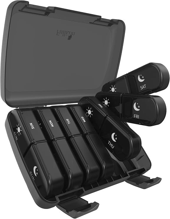 Fullicon Extra Large Pill Organiser 2 Times a Day, 7 Day AM PM, Black