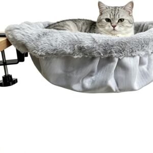 Cat Desk Bed, One-Click Foldable Semicircular Cat Hammock for Desk, Soft Faux Fur Cat Window Perch, Space Saving Cat Bed with Removable Washable Cover, Cat Shelf for Desk (L)