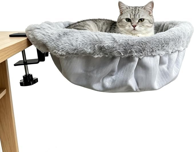 Cat Desk Bed, One-Click Foldable Semicircular Cat Hammock for Desk, Soft Faux Fur Cat Window Perch, Space Saving Cat Bed with Removable Washable Cover, Cat Shelf for Desk (L)