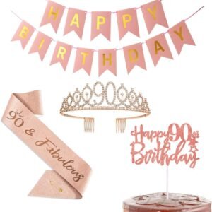 Happy 90th Birthday Decorations Party Favor Supplies for Women, Sash and Tiara Crown Rose Gold Cake Topper Happy Birthday Banner,for Women 90th Party Decoration Gifts