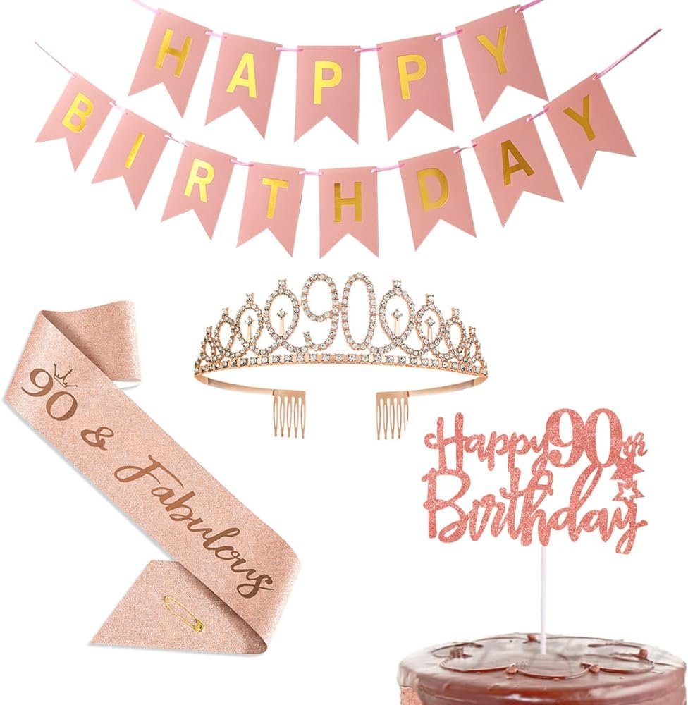 Happy 90th Birthday Decorations Party Favor Supplies for Women, Sash and Tiara Crown Rose Gold Cake Topper Happy Birthday Banner,for Women 90th Party Decoration Gifts