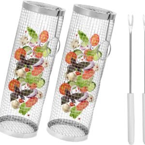 2Pcs Rolling Grilling Basket, 11.8In Stainless Steel BBQ Grill Basket with Grill Fork, Portable Grill Mesh (Silver)