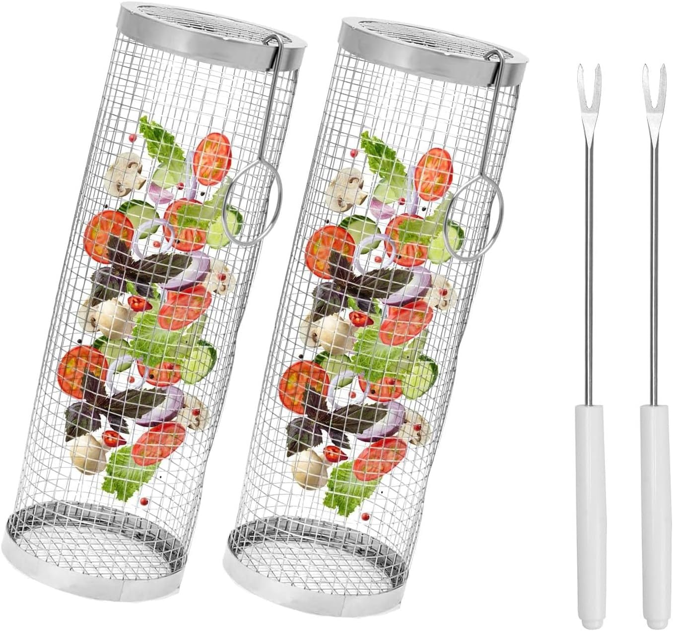 2Pcs Rolling Grilling Basket, 11.8In Stainless Steel BBQ Grill Basket with Grill Fork, Portable Grill Mesh (Silver)