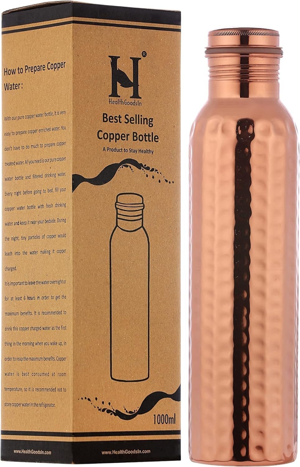 Copper Water Bottle Hammered 1 Litre for Ayurvedic Health Benefits | Leak Proof and Joint Free Copper Bottle
