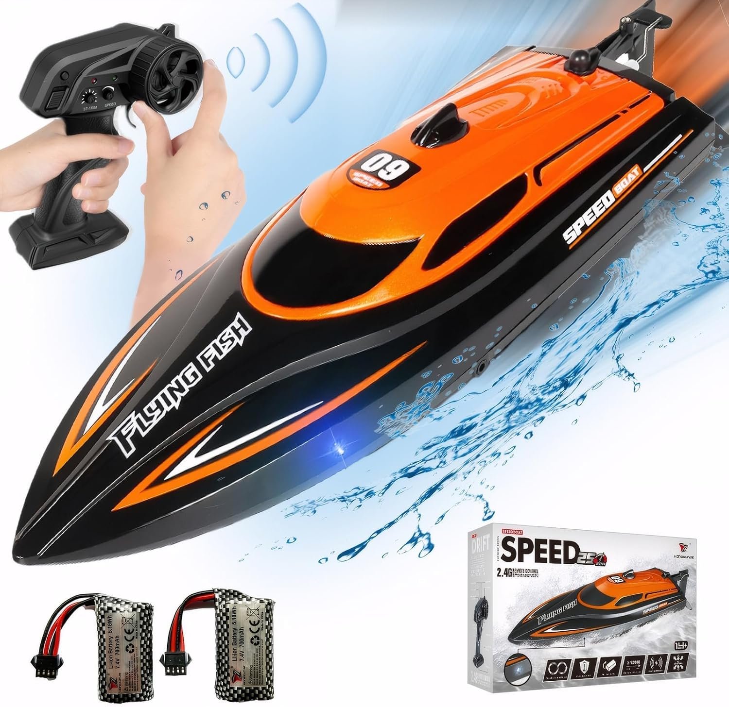 RC Boat with 2 Rechargeable Battery, 20+ MPH Fast Remote Control Boat for Adults, 2.4G RC Electric Boats Pools and Lakes Toys for Kids (812-Orange)