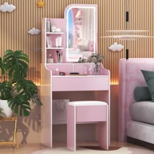 Dressing Tablle Pink Vanity Set with Stool, LED Mirror Touch Control 3 Color Lights, 3 Drawers & Shelves, Makeup Vanity Table for Bedroom Compact Vanity 60cm