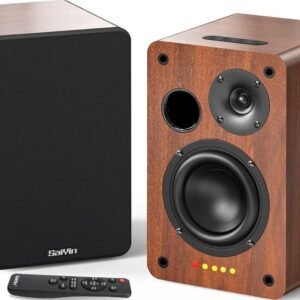 Saiyin Powered Bluetooth Bookshelf Speakers 40W*2, 4 Inch Woofer, Bluetooth/Optical/Auxiliary/RCA Inputs, Sub Out, for TV/Turntable/Record Player/PC/Computer