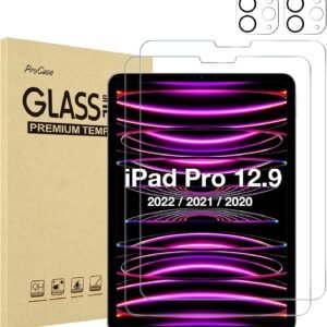 ProCase 2+2 Pack Screen Protector for iPad Pro 12.9 inch 6th 5th 4th Generation 2022 2021 2020 with Camera Lens Protector, Tempered Glass Film Guard for iPad Pro 12.9" -Clear