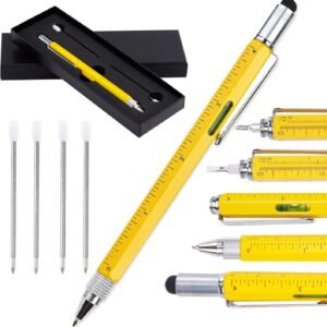 6 in 1 Multitool Pen Gifts for Men, Multifunctional Metal Tech Tool Pen with Touch Screen Stylus, Ruler, Spirit Level, Screwdriver, Cool Gadgets Gifts for Christmas Birthday Father's Day (Yellow)