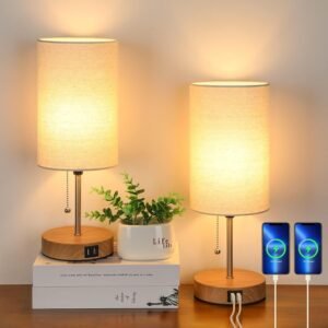 Table Lamps for Bedrooms, 2Pack Bedside Touch Lamp with Dual USB Charging Ports, Vintage 3 Way Dimmable Nightstand Lamps with Fabric Lampshade for Bedroom, Living Room