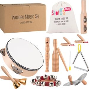 Stoie's Wooden Toddler Musical Instruments with Drum, Flute, Hand Bells, Cymbals, Castanets, Triangle, for Babies and Toddlers, Eco Friendly Montessori Educational Toy