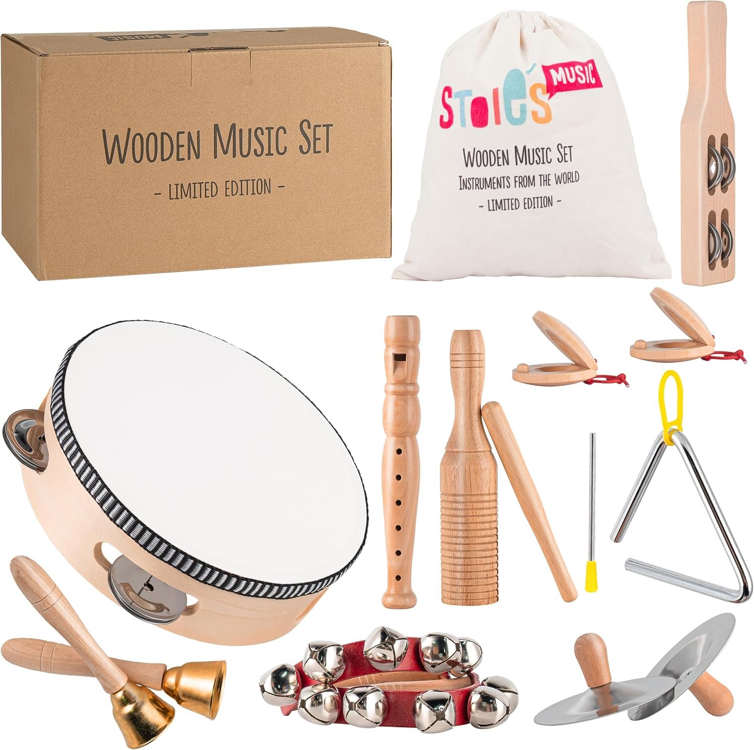 Stoie's Wooden Toddler Musical Instruments with Drum, Flute, Hand Bells, Cymbals, Castanets, Triangle, for Babies and Toddlers, Eco Friendly Montessori Educational Toy