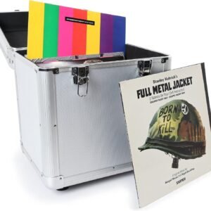 Vinyl Record Storage Carry Case for 100 LPs, Lockable, Silver Padded foam interior cushions your collection on the road, stackable base feet and soft-grip handle, lockable secure closures