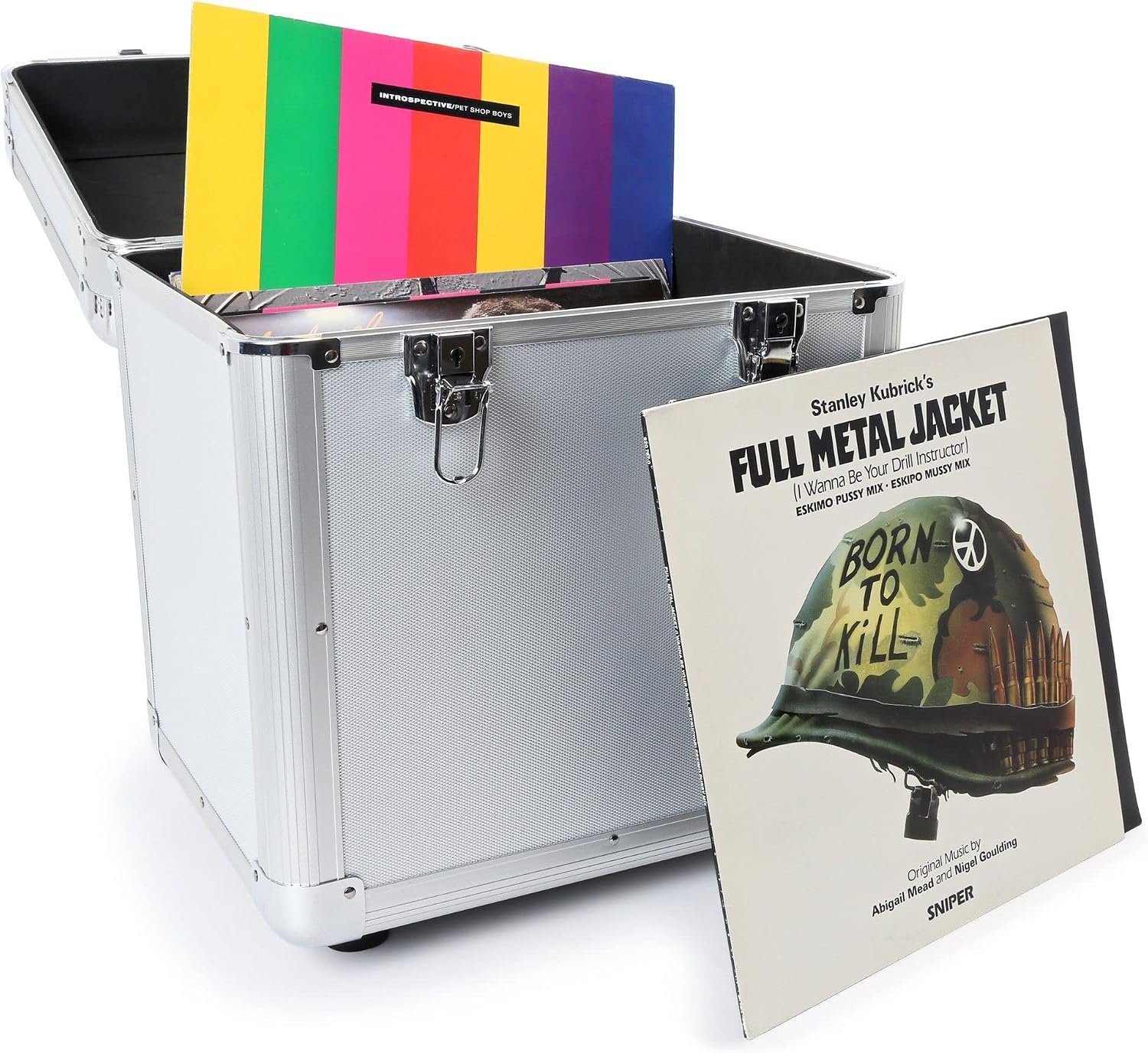 Vinyl Record Storage Carry Case for 100 LPs, Lockable, Silver Padded foam interior cushions your collection on the road, stackable base feet and soft-grip handle, lockable secure closures