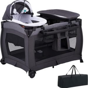 Portable Baby Crib, Foldable Baby Portacot, Travel Playard with Soft Sleeping Nest, Nursery Center, Foldable Travel Playard with Changing Table, Soft Mattress, Hanging Toys and Carry Bag