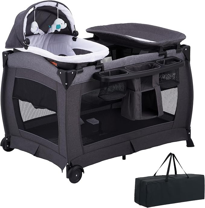Portable Baby Crib, Foldable Baby Portacot, Travel Playard with Soft Sleeping Nest, Nursery Center, Foldable Travel Playard with Changing Table, Soft Mattress, Hanging Toys and Carry Bag