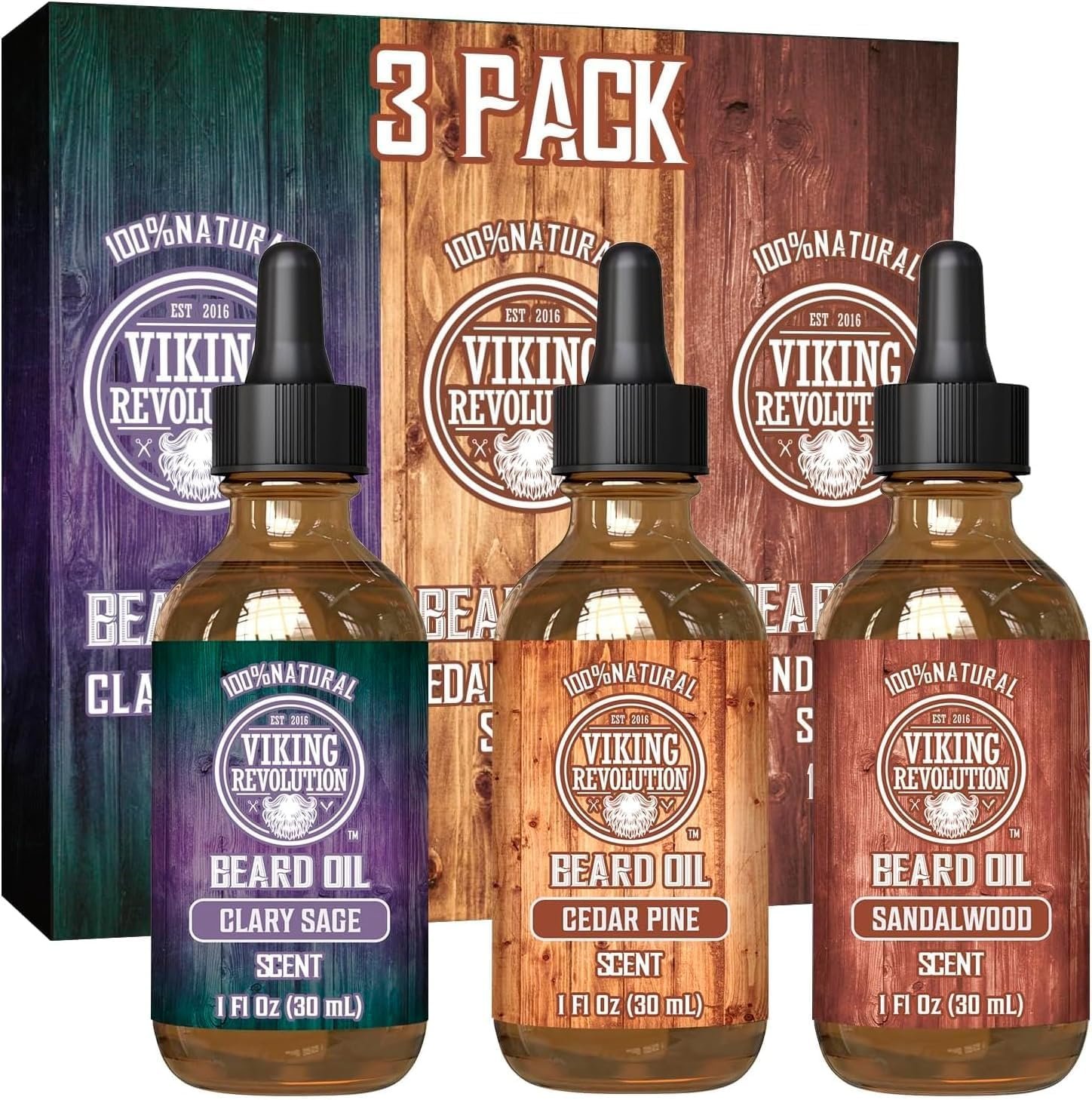 Viking Revolution - Beard Oil Conditioner 3 Pack - All Natural Variety Sandalwood, Pine & Cedar, Clary Sage - Conditioning and Moisturizing - Stocking Stuffers For Him - 3 x 30 ml