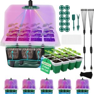 Self Watering Seedling Tray with Grow Light, 5-Pack 60-Cell Reusable Seed Starter Kit with Soft Silicone, Plant Germination Trays with Humidity Dome for Seeding Planting Growing