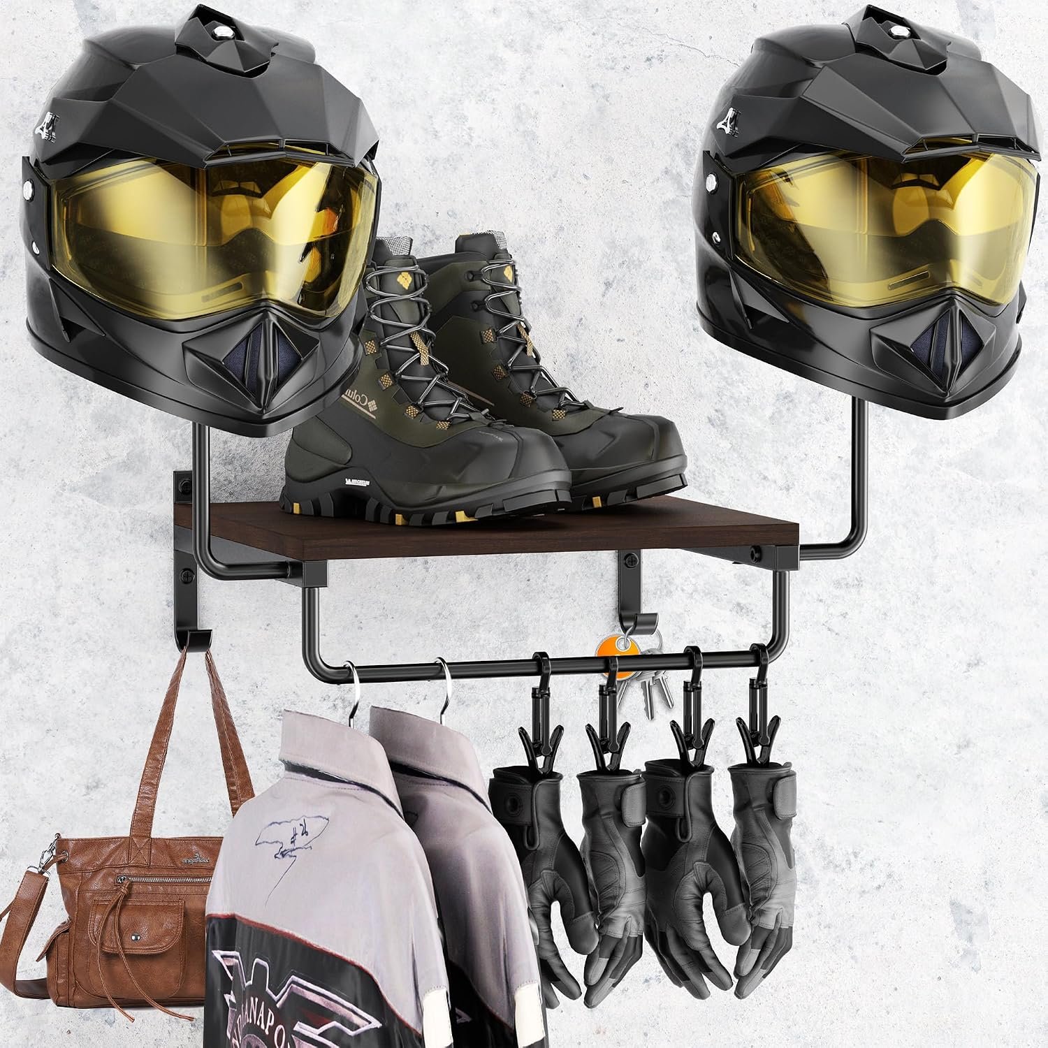 Motorcycle Helmet Holder Wall Mount, Motorcycle Gear Rack, Football Helmet Stand, Helmet Hanger with Hooks and Clips, YITOBA Helmet Display and Jacket Holder, Motorbike Accessories Storage (Black)