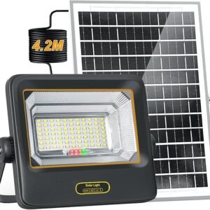 100W Dusk-to-Dawn Solar Lights Outdoor with Remote/13.78Ft Extended Cable IP67 Waterproof, 8000mAh, Dimmable, 5 Modes, Energy Saving, Charging Indicator, Large Panel, for Yard/Garden/Patio
