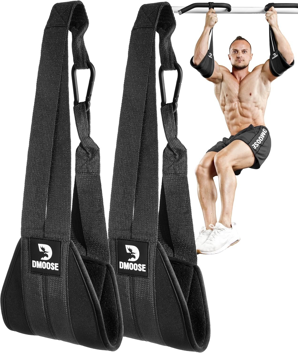 DMoose Fitness Hanging Ab Straps for Pull Up Bar & Core Strength Training - Thick Padded Arm Strap for Ab Swing with 2 Rust-Resistant Carabiners - Pull Up Straps for Ab Workouts at Home and Gym