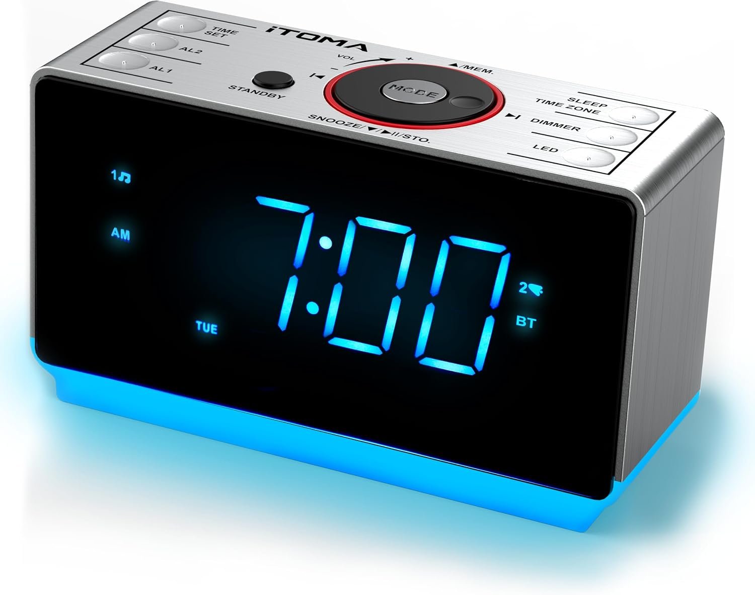 Alarm Clock Radio with Bluetooth, FM Radio, Dual Alarm with Snooze, Large LED Display, Dimmer Control, USB Charging Output and Night Light iTOMA CKS708