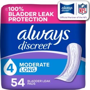 Always Discreet Incontinence Pads for Women, Moderate Absorbency, Long Length, 54 Count