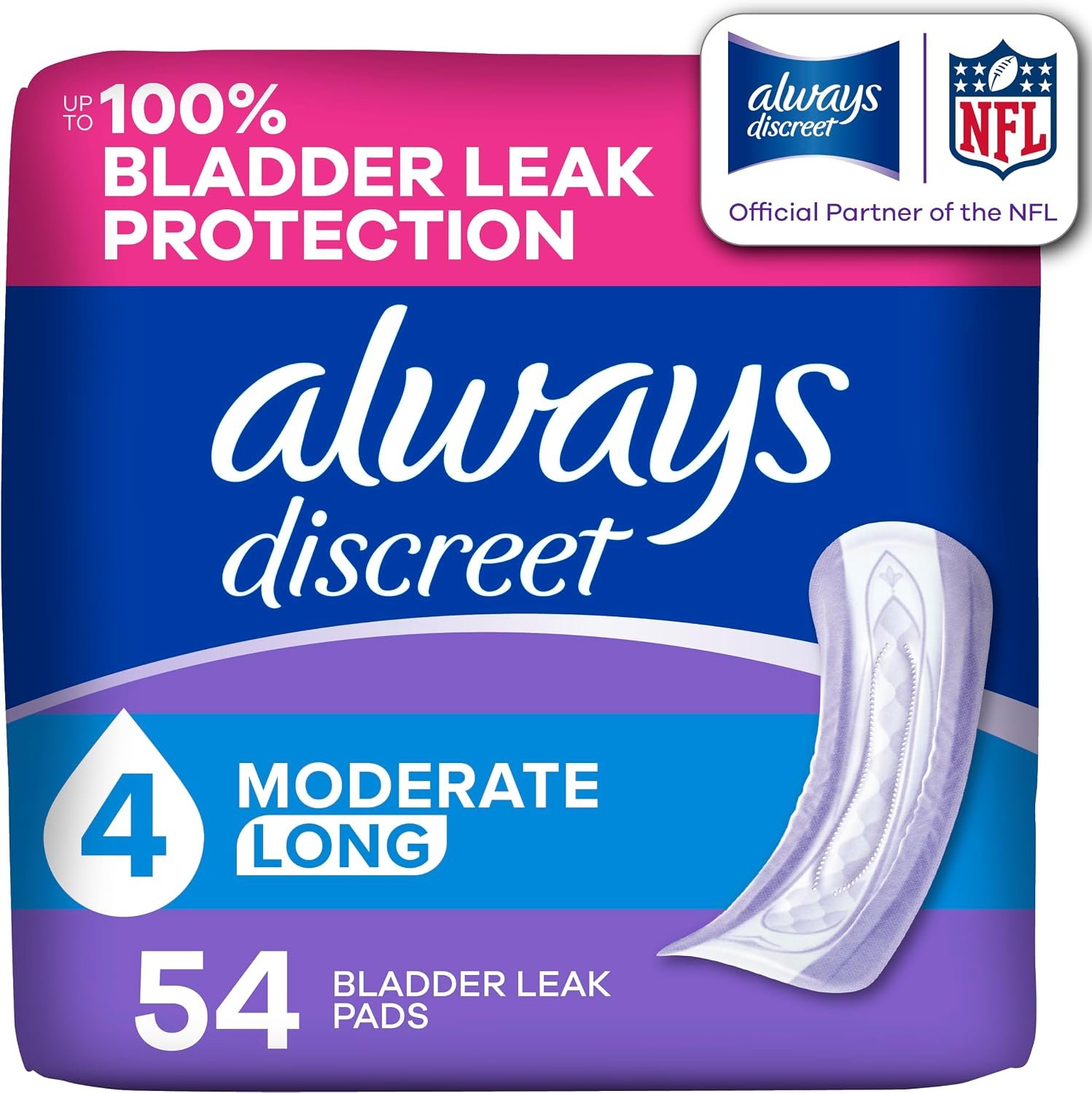 Always Discreet Incontinence Pads for Women, Moderate Absorbency, Long Length, 54 Count