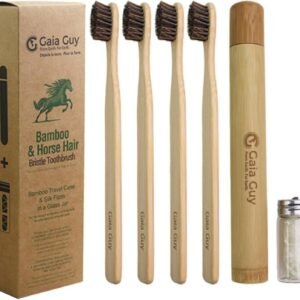 Gaia Guy Bamboo and Horsehair Bristle Toothbrush (4 Pack) + Travel Case & Silk Dental Floss | 100% Compostable Bristles and Floss | Eco-Friendly Dental Set | Biodegradable Wooden Toothbrushes