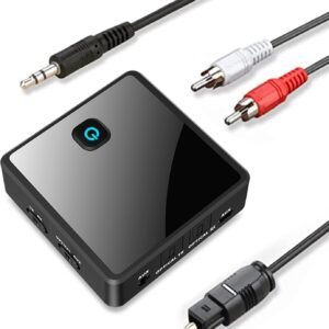Isobel Bluetooth 5.0 Transmitter Receiver (Optical, 3.5mm AUX, RCA), Low Latency Wireless Audio Adapter Rechargeable Bluetooth AUX Adapter for TV PC Car/Home Stereo System Speakers, Dual Link