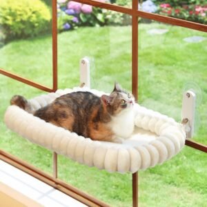 Cat Window Perch Hammock for Large Cats, Folding Bed with Heavy Duty Metal Frame Holds 40lbs & 4 Strong Suction Cups, Removable Machine Washable, Cream White