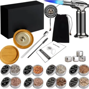 Cocktail Smoker Kit with Torch Whiskey Smoker Kit with 8 Flavors Smoked Wood Chips - Old Fashioned Drink Smoker Kit with Torch Ice Cube Tray Whiskey Making Accessories Infuse Cocktail Wine Meat