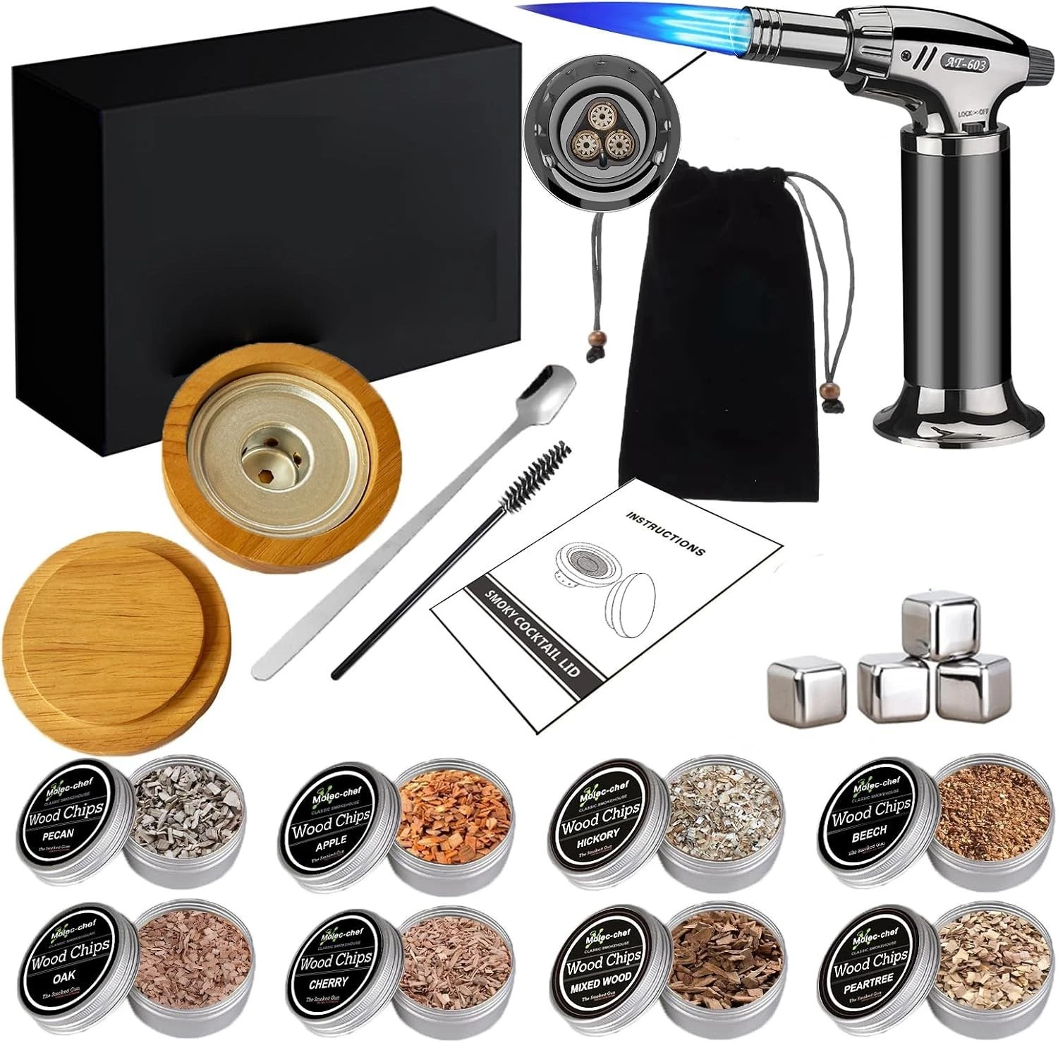 Cocktail Smoker Kit with Torch Whiskey Smoker Kit with 8 Flavors Smoked Wood Chips - Old Fashioned Drink Smoker Kit with Torch Ice Cube Tray Whiskey Making Accessories Infuse Cocktail Wine Meat