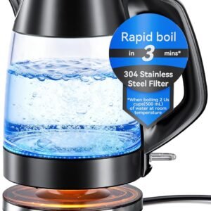 Electric Kettle - 1.7L Glass Kettle 2200W Stainless Steel Filter Spout, Quick Water Boiler wiith Borosilicate Glass, Fast Boiling Water Kettles for Coffee & Tea, BPA Free, Automatic Shut Off
