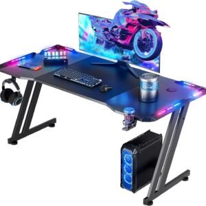 Gaming Desk with LED Lights, Large RGB Computer Gaming Desk Table with Cup Holder Headphone Hook Mouse Pad, Ergonomic Modern Carbon Fiber Mesa Gamer Pc Work Home Office Desks (Black)
