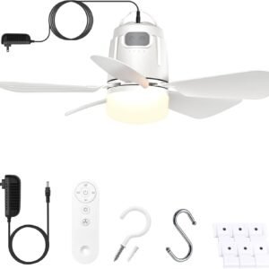 Gazebo Fan Outdoor Hanging with Light, Patio Plug in Ceiling Fan with 50cm Cord, Remote & Hook, Portable for Outside Canopy, Pop up Tent, Pergola (20'')