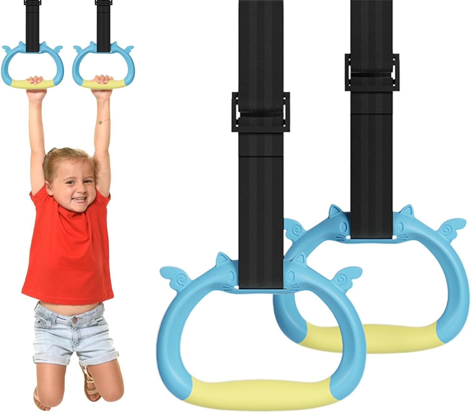 Gymnastics Rings Set for Kids – Adjustable Strap Strength Training Rings with Trapeze Bar, Children's Home Gym Equipment for Indoor Playground & Physical Training (Blue)
