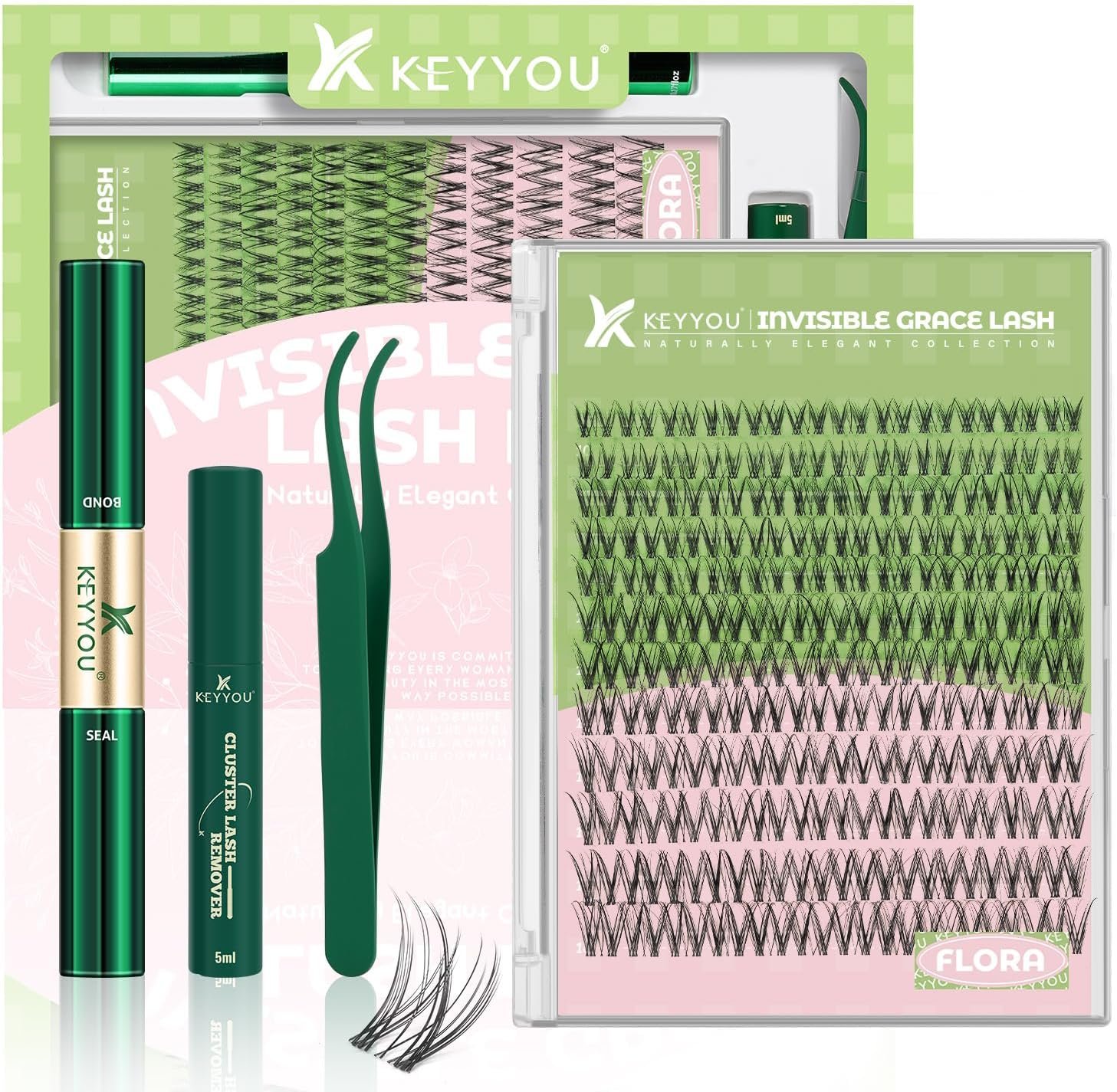 KEYYOU Flora Lash Clusters Kit, Manga Eyelash Extension Kit at Home, 144pcs C Curl Wispy Natural Invisible Band Lash with Waterproof Lash Extensions Kit (Flora-C-8-16MIX)