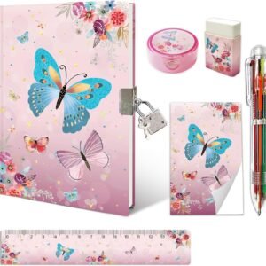 Set of Girls Diary with Lock, Butterfly Kids Journal Pen Set Includes 7.1x5.3 Inches Pink Girls Notebook Memo Pad Ruler 6 Multicolored Pen Sharpener Eraser Stationary Kit Gifts for Girls 6-10 Year